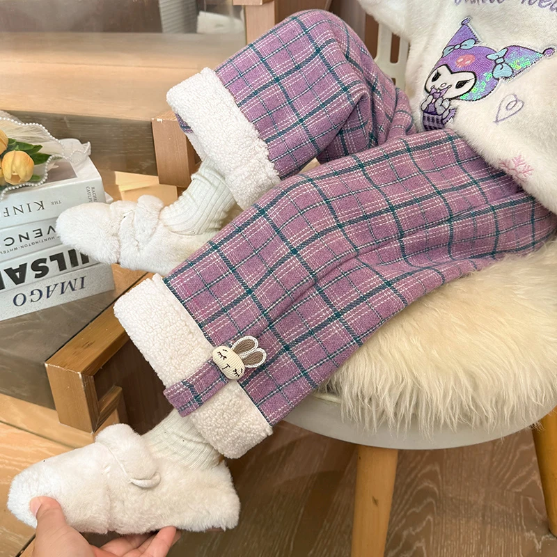 女童加绒裤子新款一体绒外穿儿童女宝宝小女孩加厚冬季格子裤子