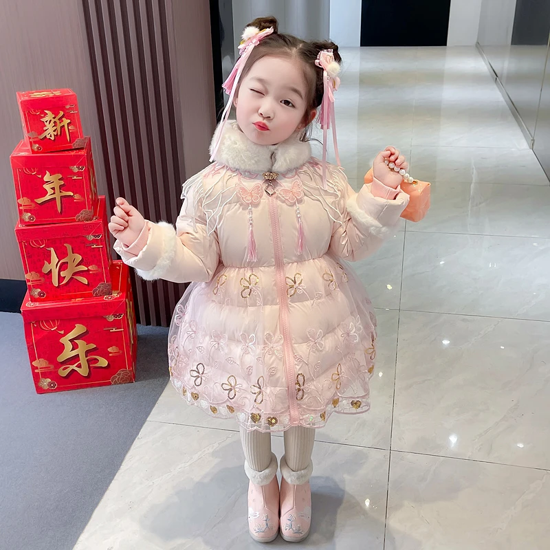 女童公主羽绒服白鸭绒韩版洋气儿童中长款拜年服小童女宝冬季外套