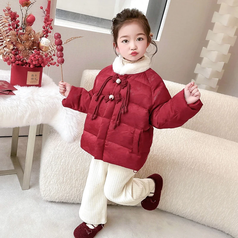 女宝宝白鸭绒羽绒服中国风红色儿童小女孩洋气冬季女童保暖衣服