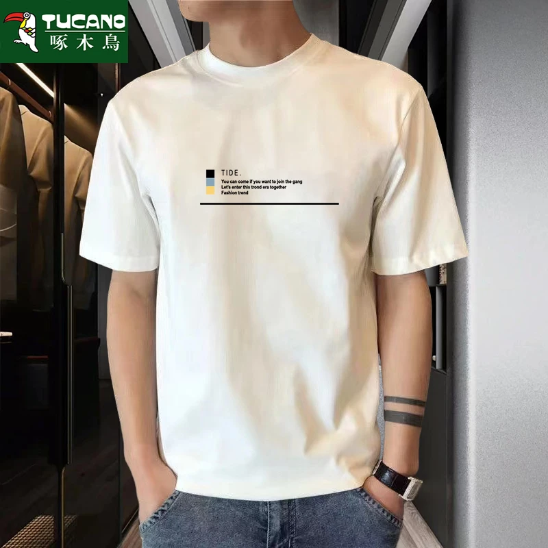 啄木鸟夏季新款短袖t恤男纯棉圆领体恤休闲打底衫宽松半袖上衣男t
