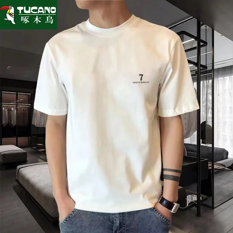 啄木鸟夏新款男士重磅短袖t恤潮流圆领休闲宽松青少年半袖打底衫t