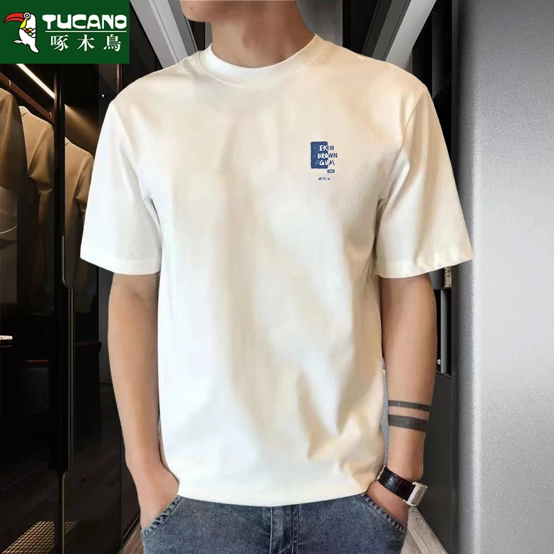 啄木鸟夏季短袖t恤男潮流韩版ins风印花宽松半袖体恤纯棉打底上衣