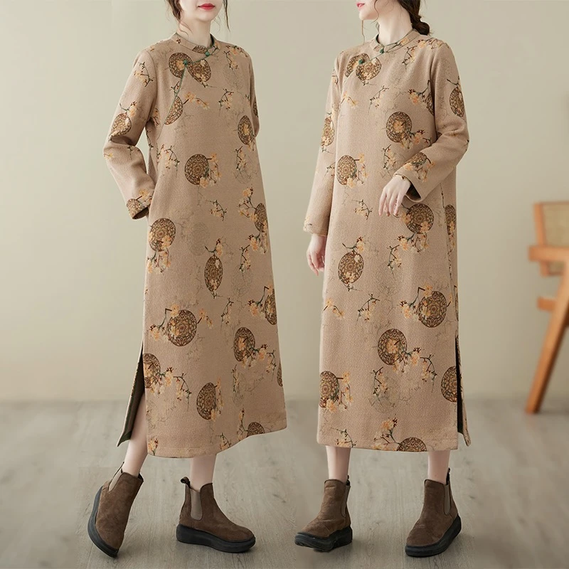 肉桂色花好月圆 加绒加厚旗袍国风高端印花大码长裙连衣裙长袖冬