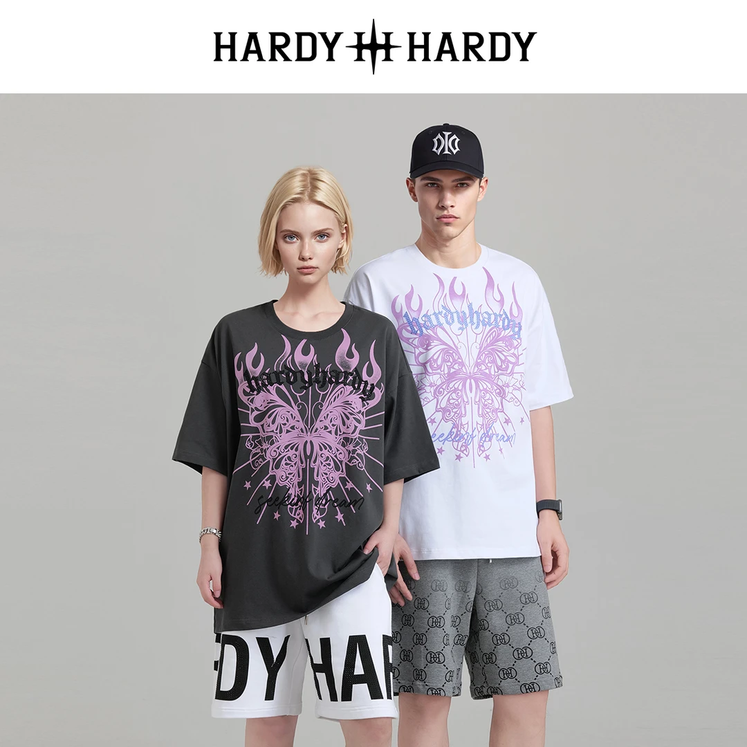 HARDYHARDY夏季新款潮牌街头烫钻蝴蝶刺青花纹男女同款半袖T恤