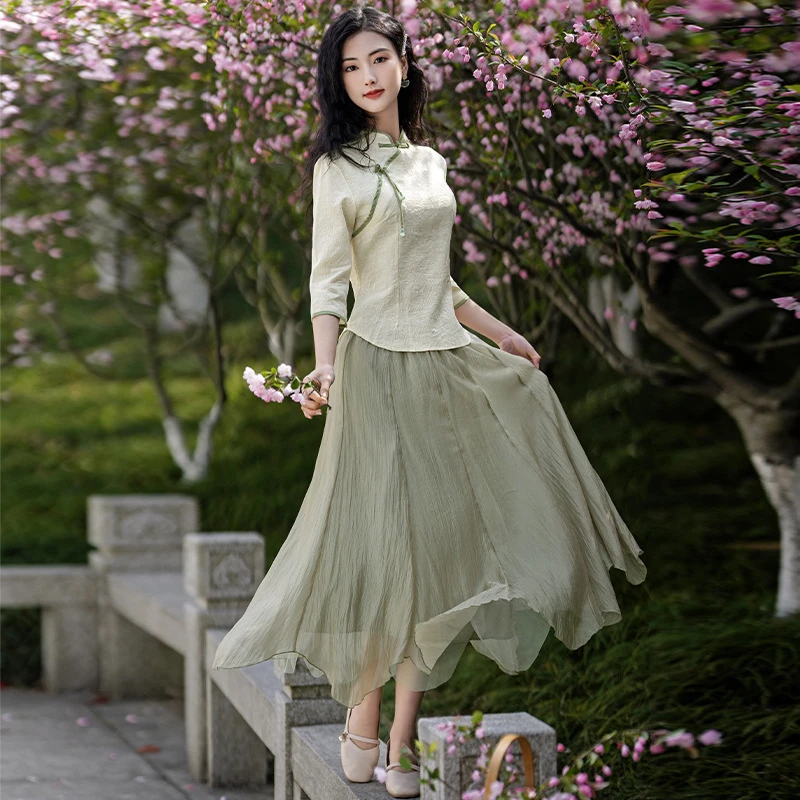 民国风女装改良旗袍连衣裙中式小洋装年轻唐装上衣茶艺服两件套夏