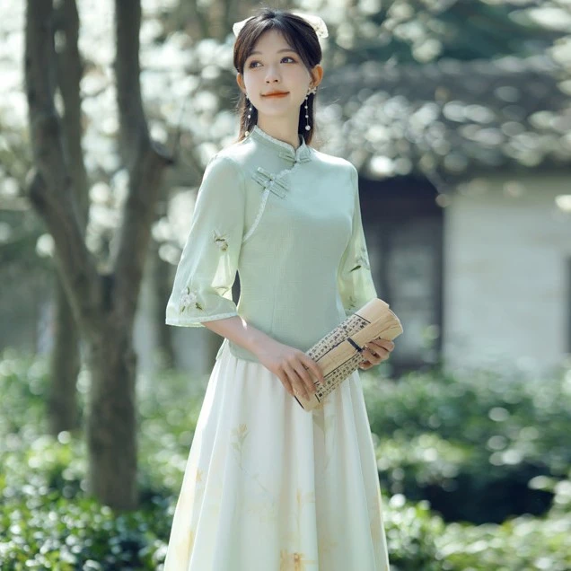 中国风改良旗袍上衣棉麻刺绣盘扣上衣中式汉元素汉服套装唐装女夏