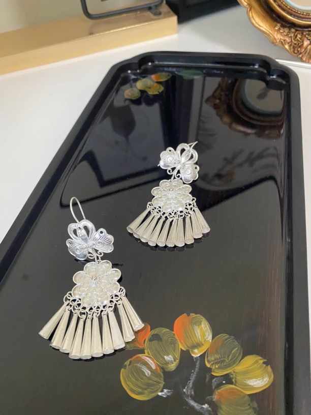 足银耳饰 604号蝴蝶花花喇叭流苏耳环，精美民族风款