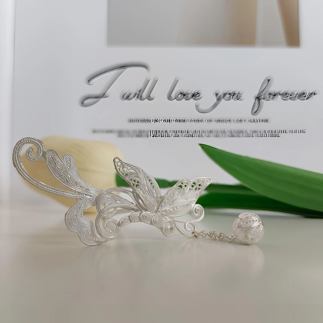 足银银制品 民族风纯手工蝴蝶珠珠头簪古风气质复古发簪