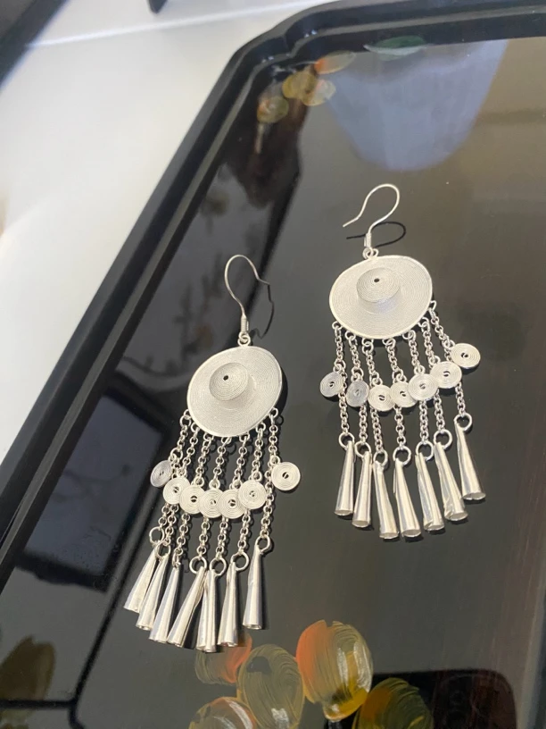 足银耳饰 647号时尚复古爵士帽流苏耳环，民族风长款气质重工配饰