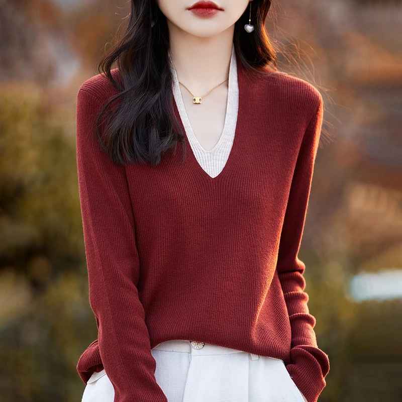 【宁宝】春秋新款精纺薄羊毛衫抽条针织女双V领假两件套头毛衣显瘦