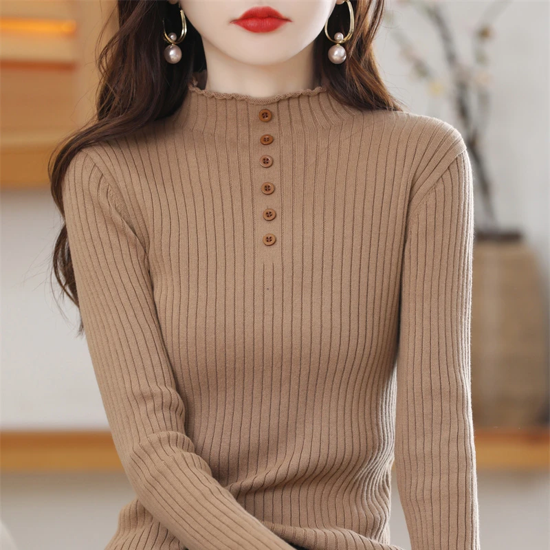 【宁宝】秋冬新款100%纯棉线针织衫半高领坑条毛衣打底女修身长袖