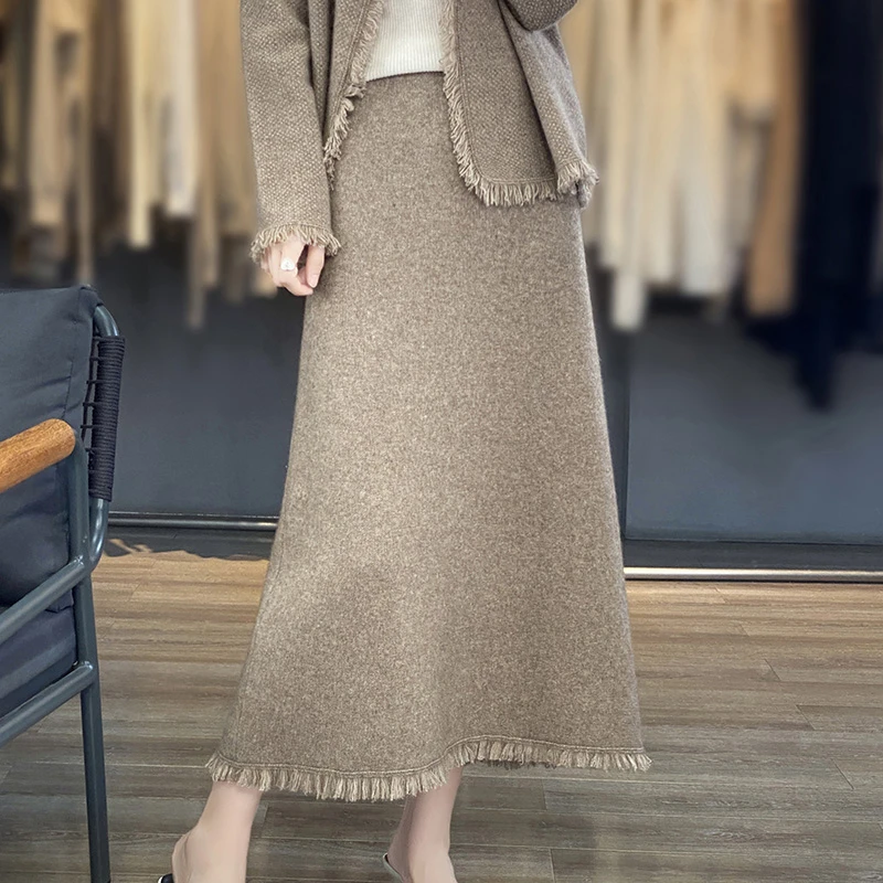 【宁宝】新款流苏纯羊毛半身裙女秋冬天配毛衣裙a字针织长裙子显瘦