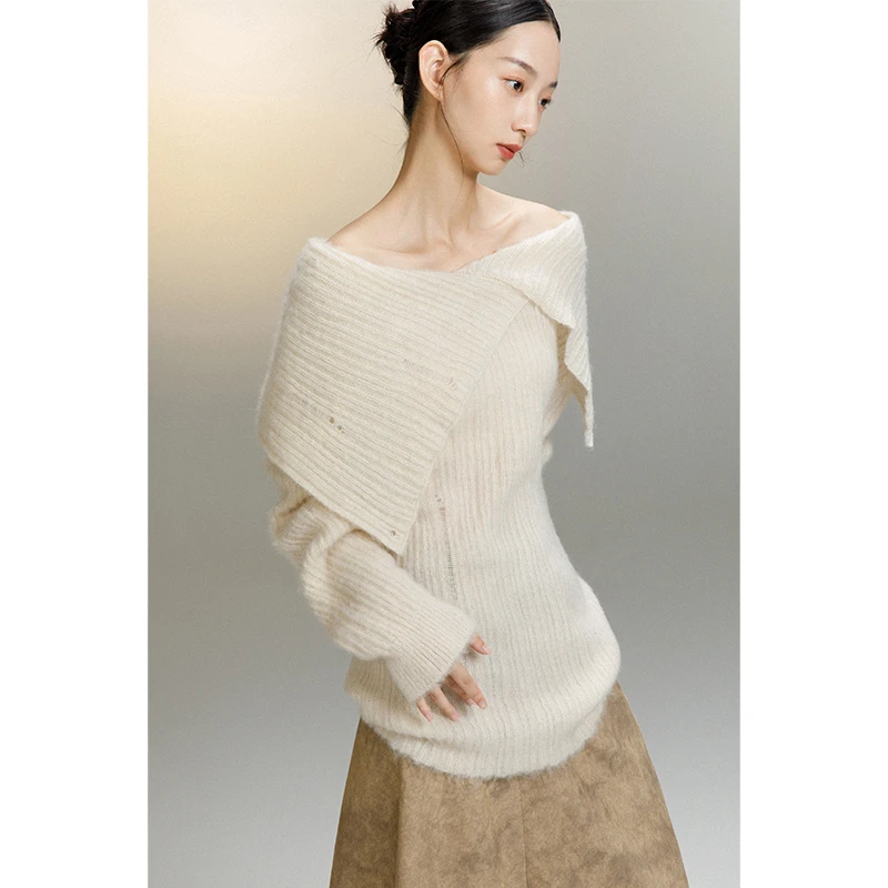 MURMUR MI 设计师品牌 一字肩围裹式设计感修长毛衣女