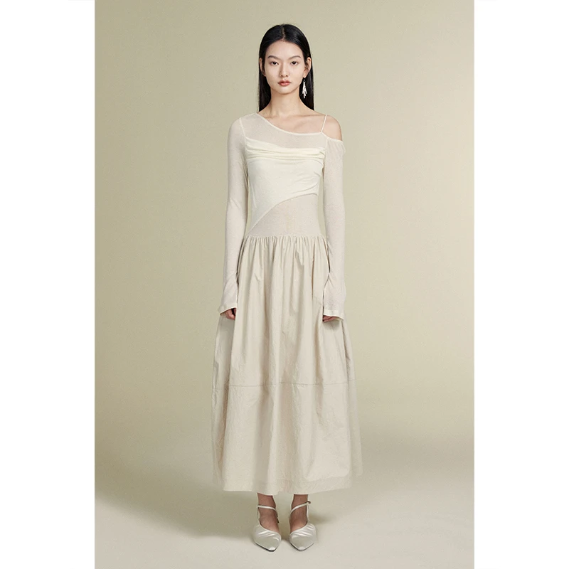 MURMUR MI 23SS 设计师品牌 半露肩针织梭织拼接O型连衣裙