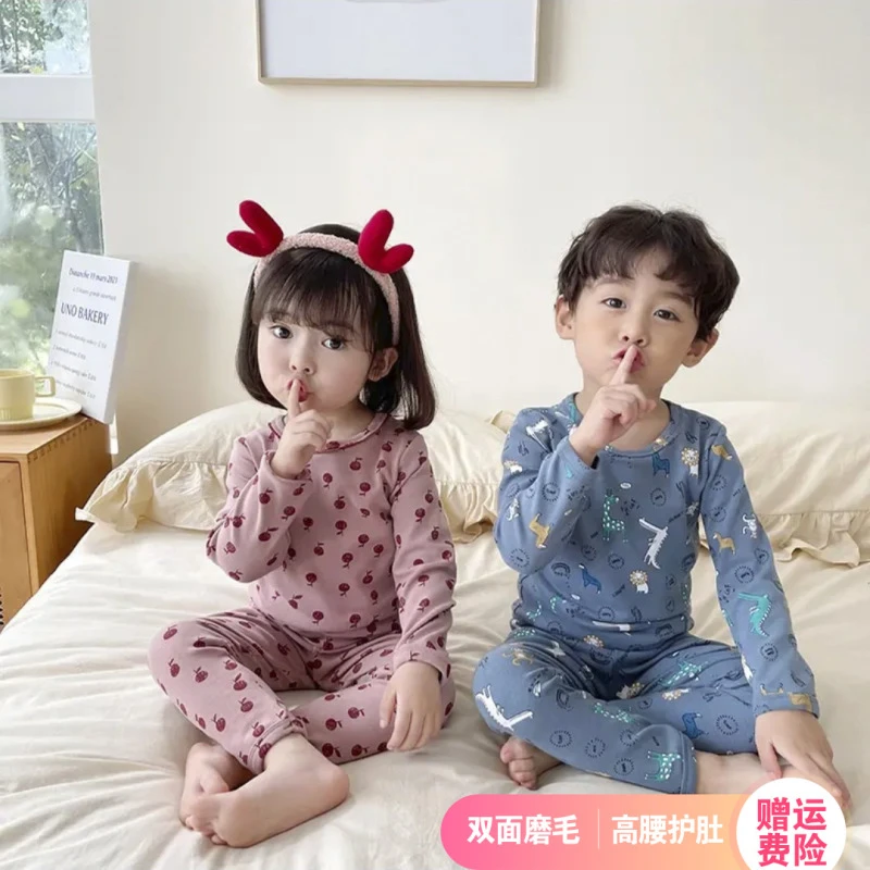 韩版儿童秋冬卡通家居服男女童纯棉磨毛睡衣宝宝秋衣秋裤保暖套装