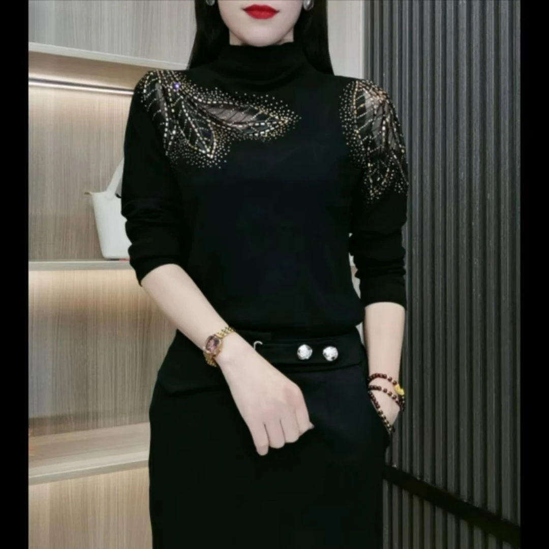 早秋长袖烫钻半高领洋气时尚显瘦遮肉小衫上衣洋气衣服女090