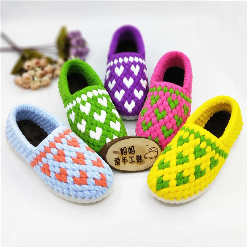 情侣款防滑儿童手工毛线勾编织保暖拖鞋后跟棉鞋子牛筋白色水晶底