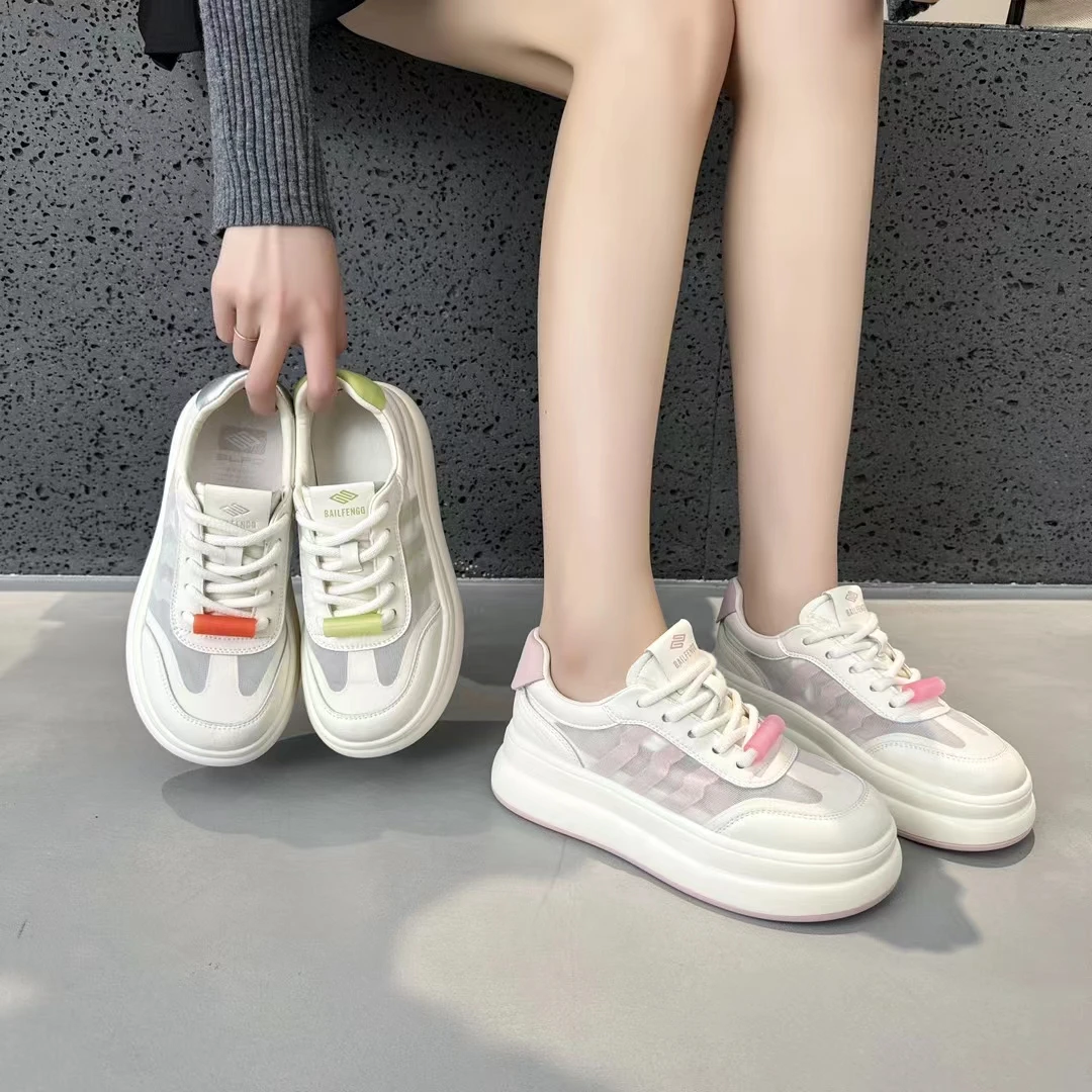 夏季新款欧洲站2024真皮配网女厚底透气小白鞋休闲板鞋圆头轻底