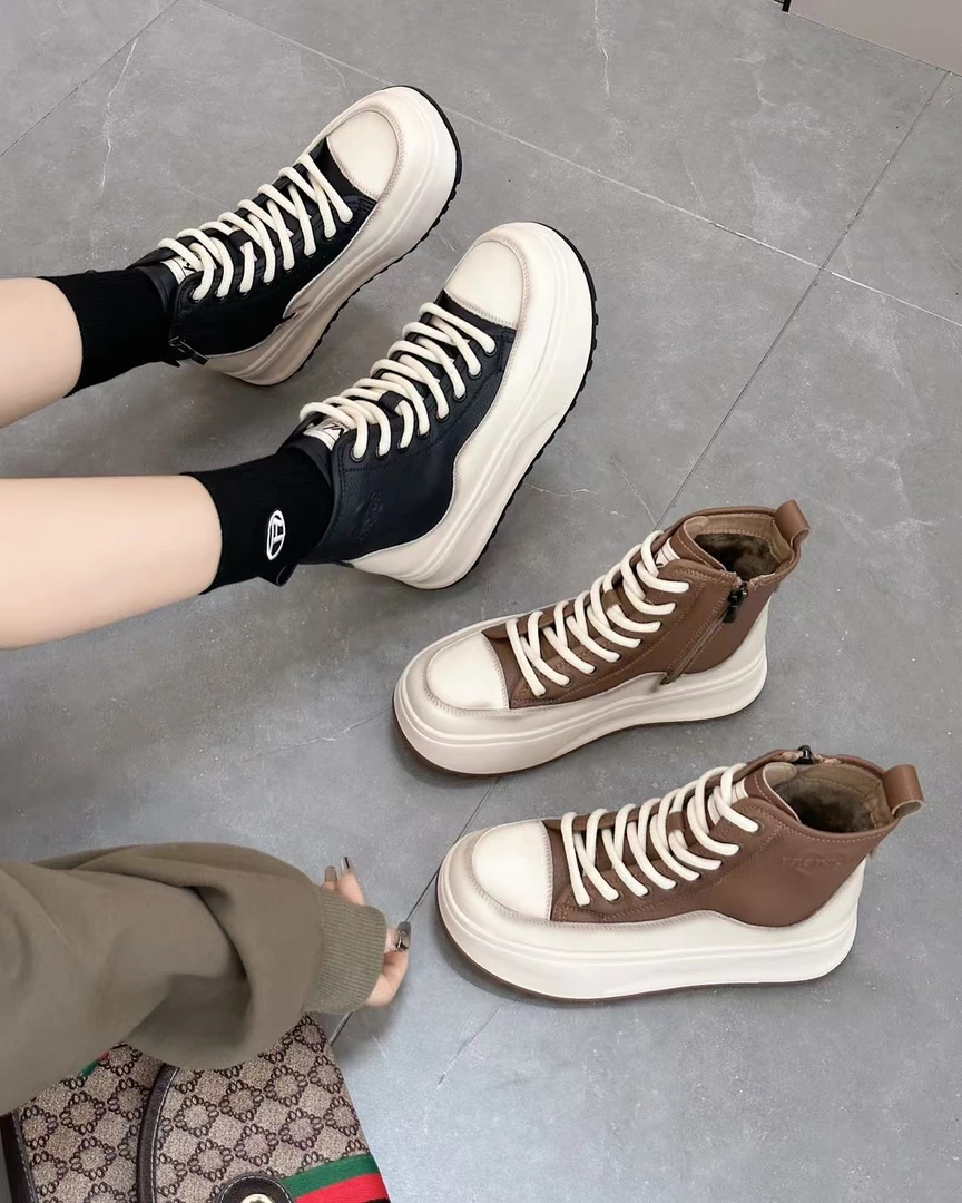 冬季新款真皮厚底高帮加毛里系带侧拉链女鞋休闲时尚运动百搭韩版