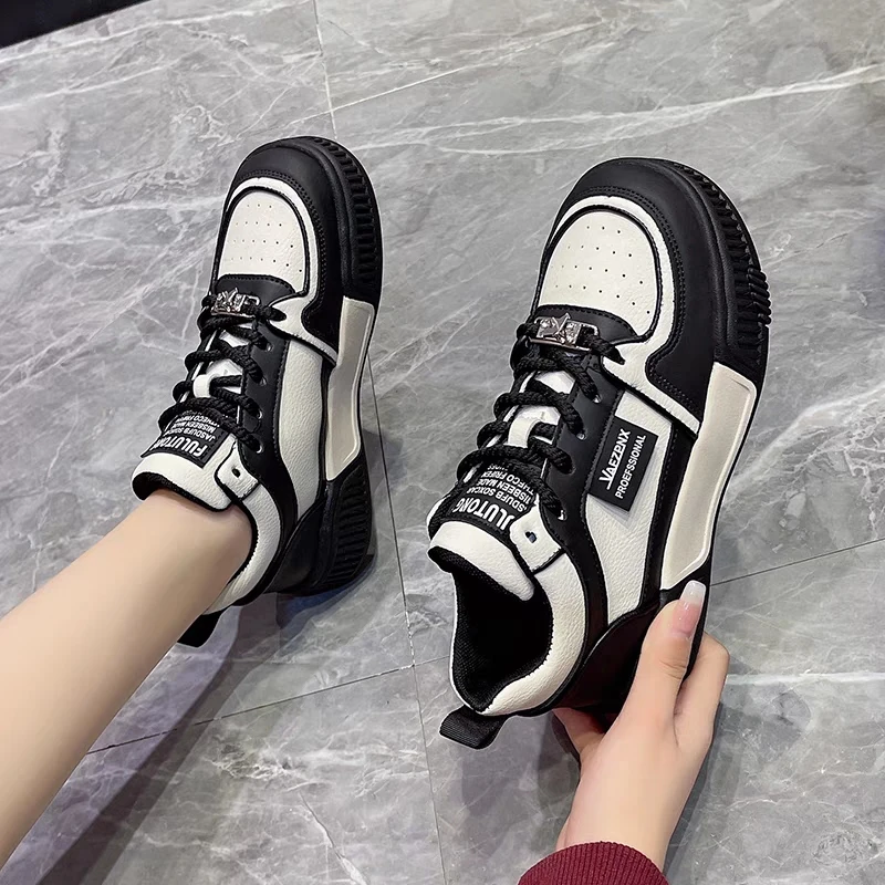 秋冬新款真皮厚底女运动鞋复合里子软底时尚百搭拼色潮鞋系带韩版