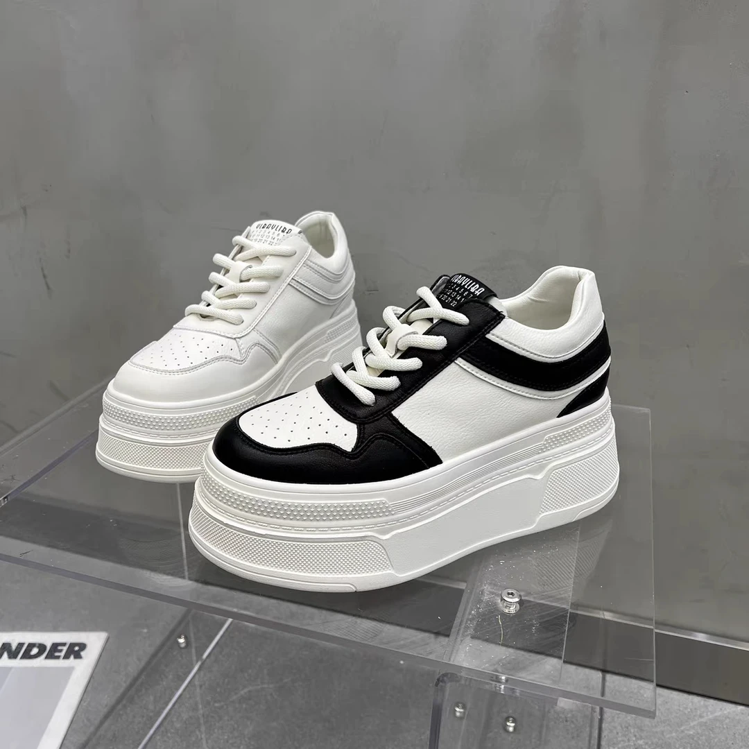 秋季新款真皮厚底轻底松糕底时尚百搭女休闲鞋韩版系带潮流白鞋