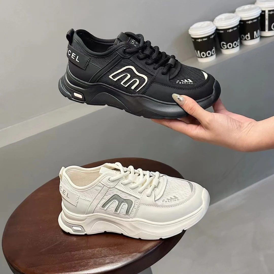 真皮配透气飞织软底女轻便休闲跑步鞋小白鞋休闲鞋潮流舒适单鞋