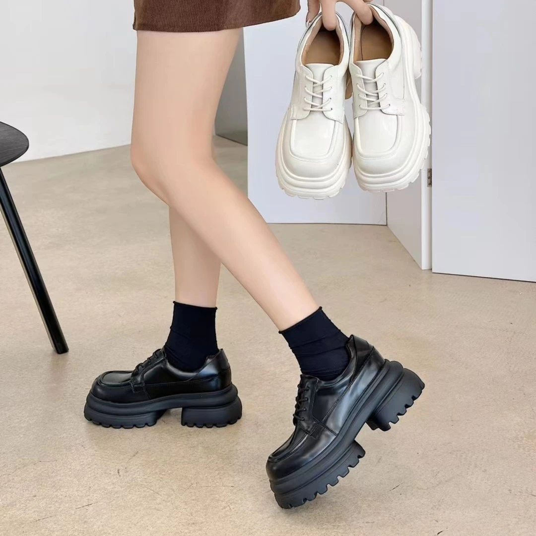 新款厚底韩版圆头女式休闲乐福鞋皮鞋百搭春季粗跟春秋单鞋方跟