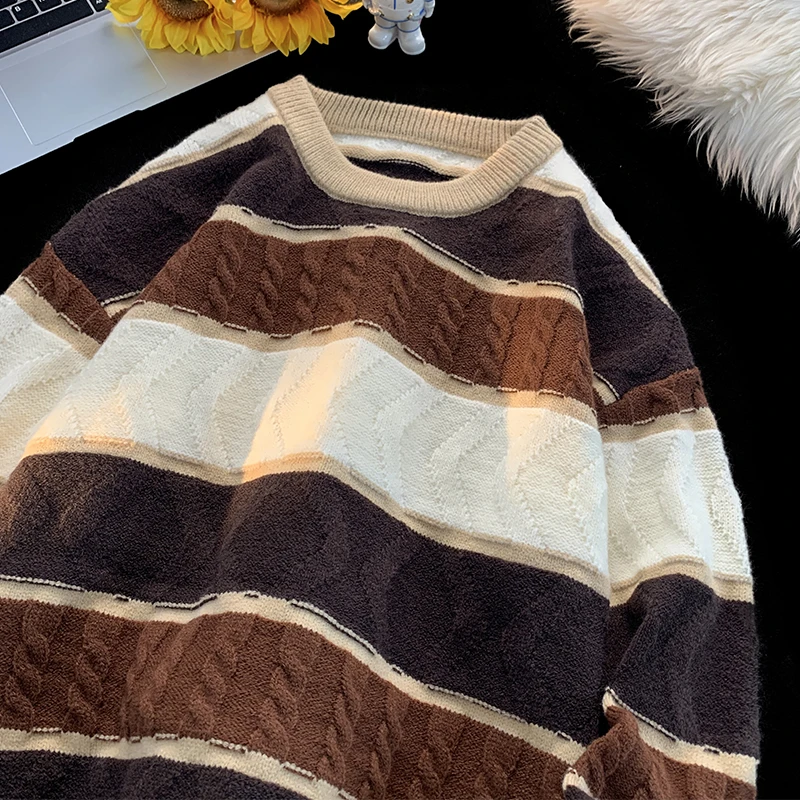 圆领毛衣男秋冬季新款宽松打底提花针织衫慵懒风男生潮牌冬装外套