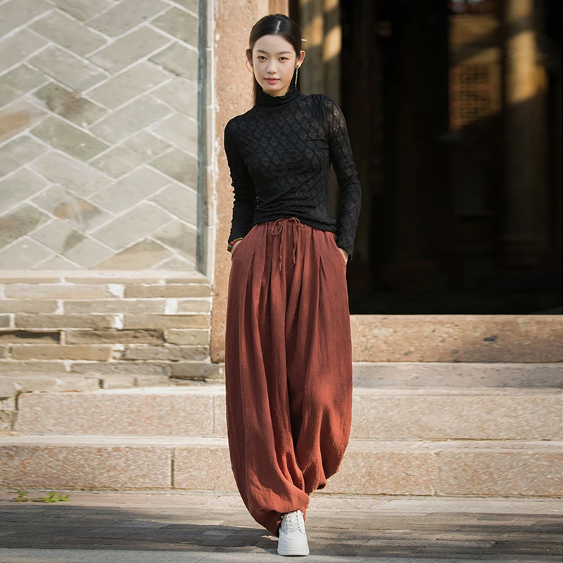 苎麻砂洗长裤松紧腰系带百搭女式休闲裤灯笼裤24秋冬棉麻女装新品