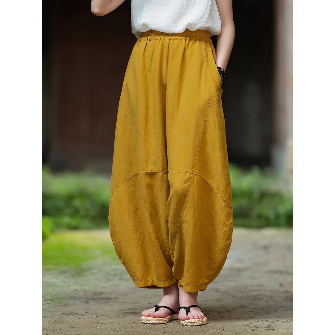 24夏季新款复古佛系禅意休闲裤女亚麻砂洗薄款禅修打坐宽松灯笼裤