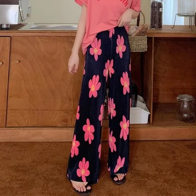 印花设计阔腿裤女压褶风格新款百搭垂坠感拖地裤宽松显瘦直筒长裤