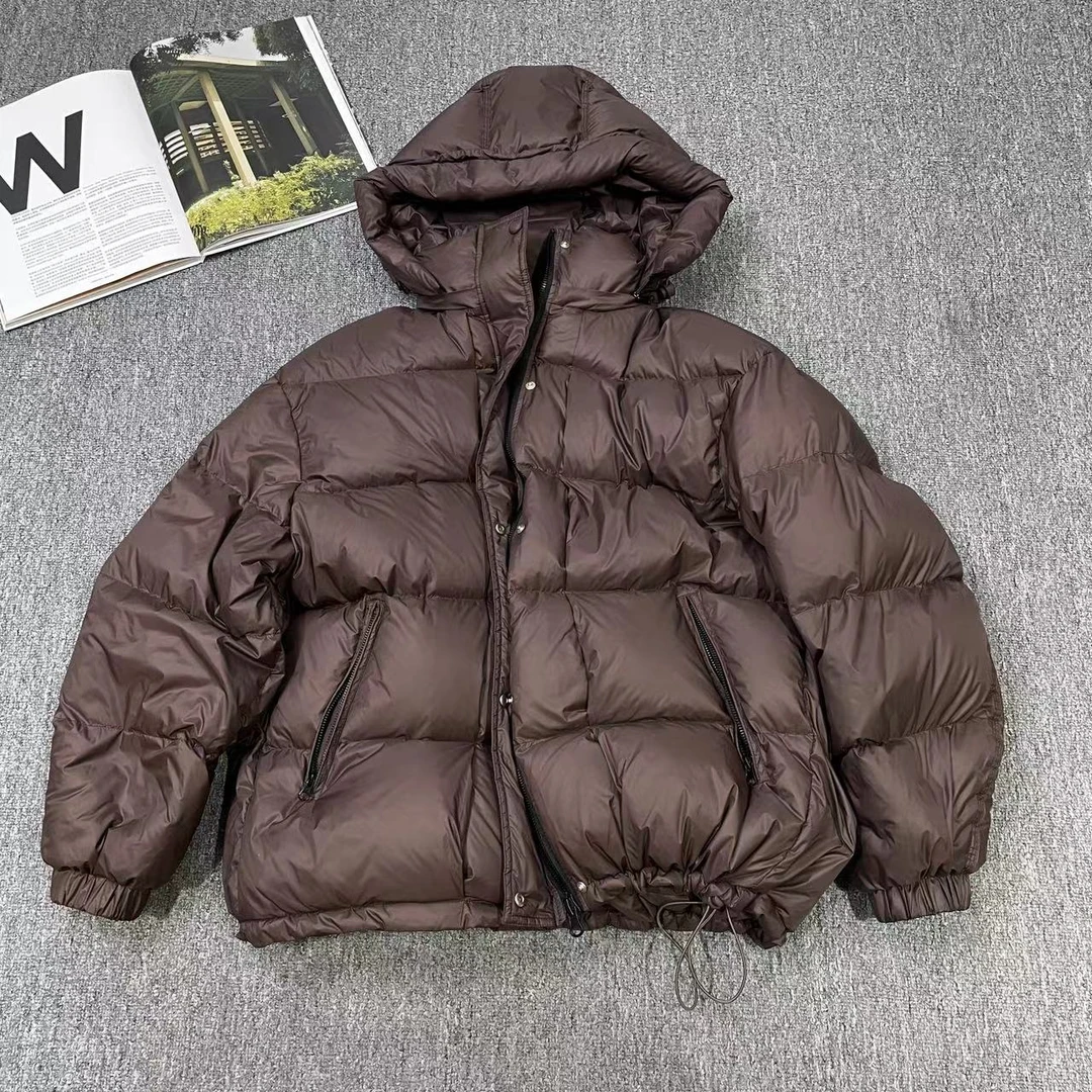 12748余小鱼 咖色羽绒服可拆卸连帽口袋单排扣拉链加厚冬季女装