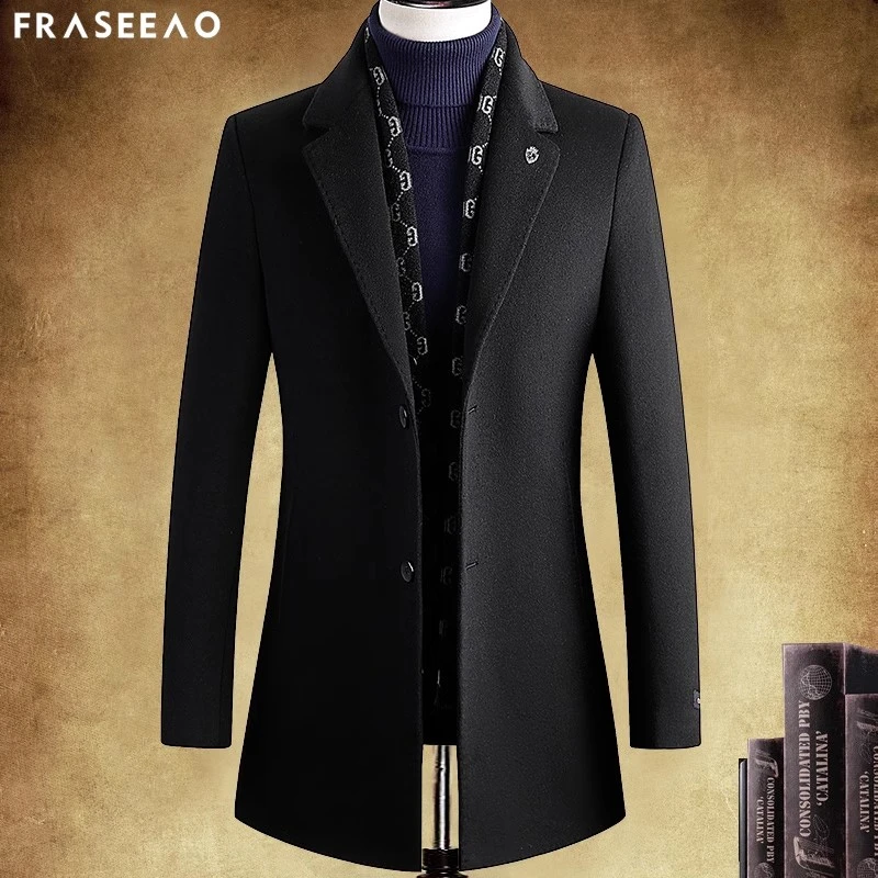 法希奥羊毛呢大衣男中长款鹅绒内胆韩版双层领秋冬季加厚呢子外套