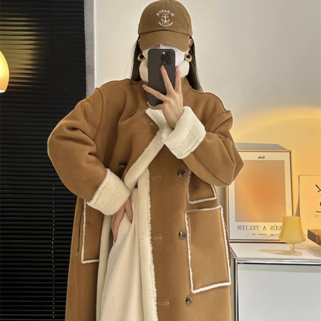 双面穿皮毛一体加厚机车服长款环保外套大衣女冬