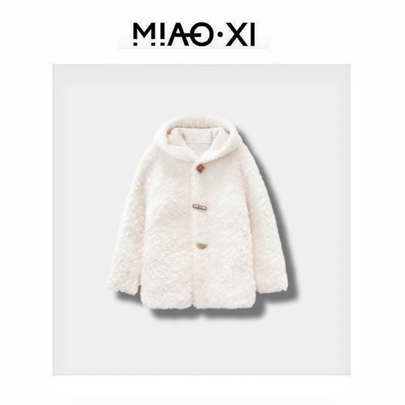 【妙兮】"牛角包"进口托卡卷毛100%羊毛冬季连帽防寒外套#Y1826