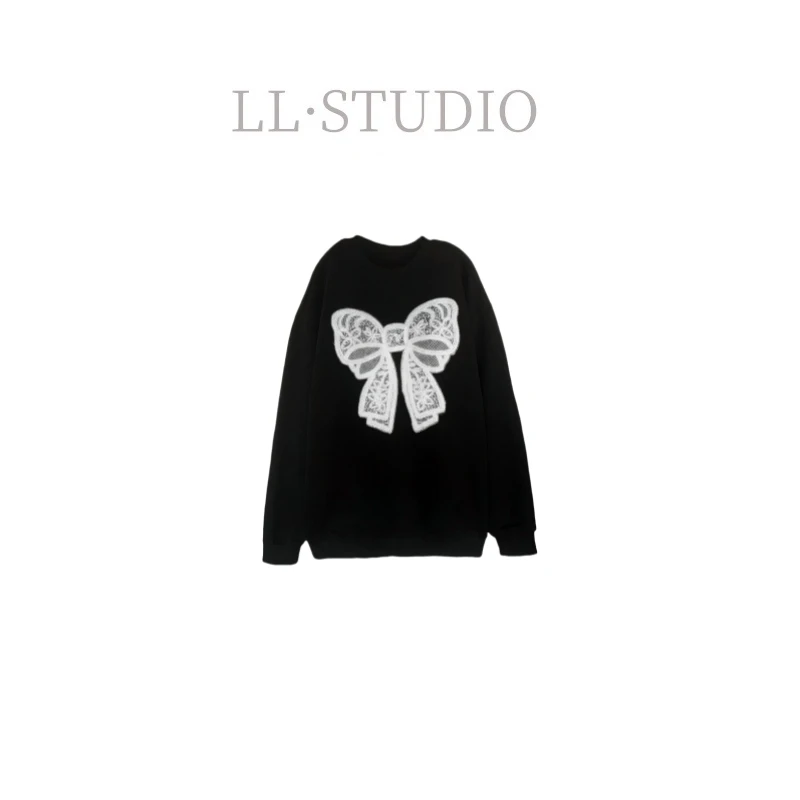 妙兮·LL黑色慵懒风欧货韩版蝴蝶结蕾丝百搭卫衣*20242125