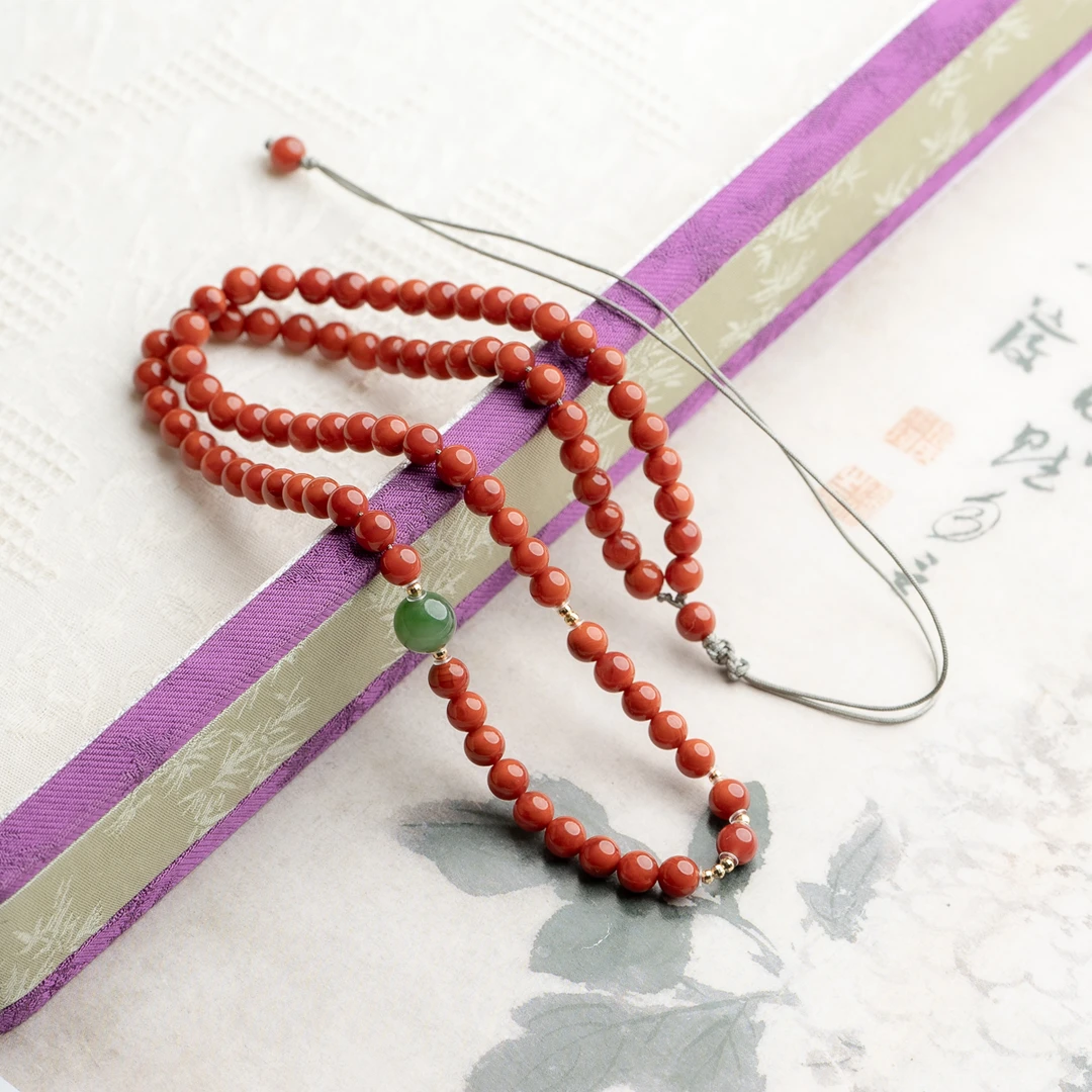 木欣欣18K南红火焰纹5mm+碧玉锁骨链项链安哥拉红新年本命文玩