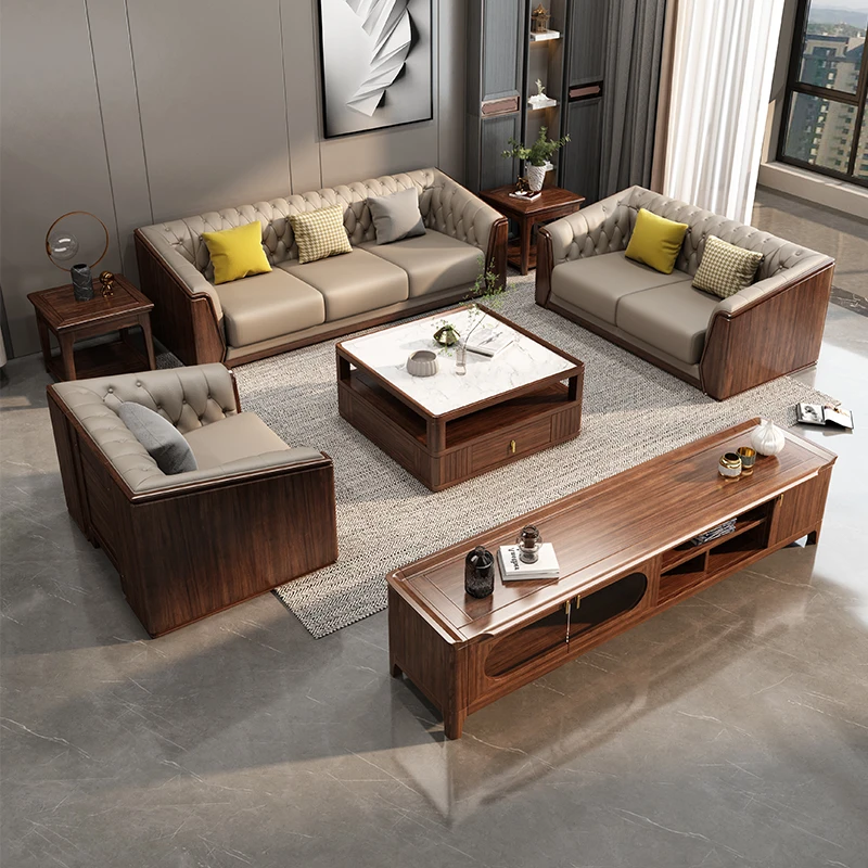 客厅实木沙发组合1+2+3人位胡桃木中式现代简约真皮大户型家具