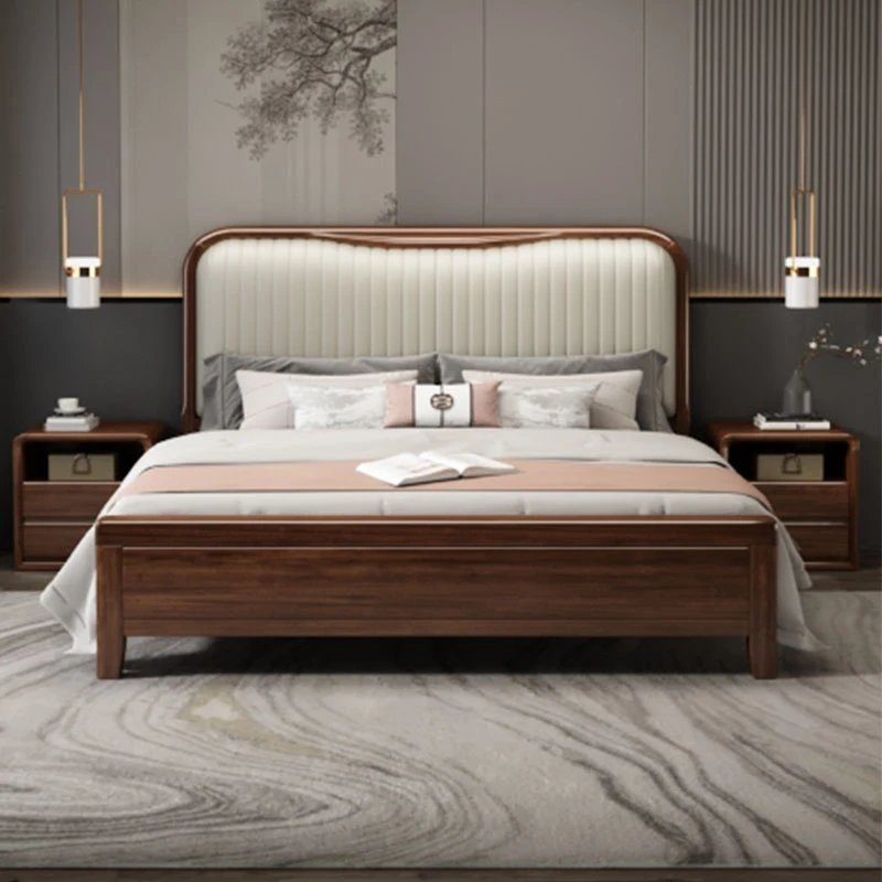 实木床胡桃木1.8米真皮床现代中式带软包1.5m双人大床牛皮床简约