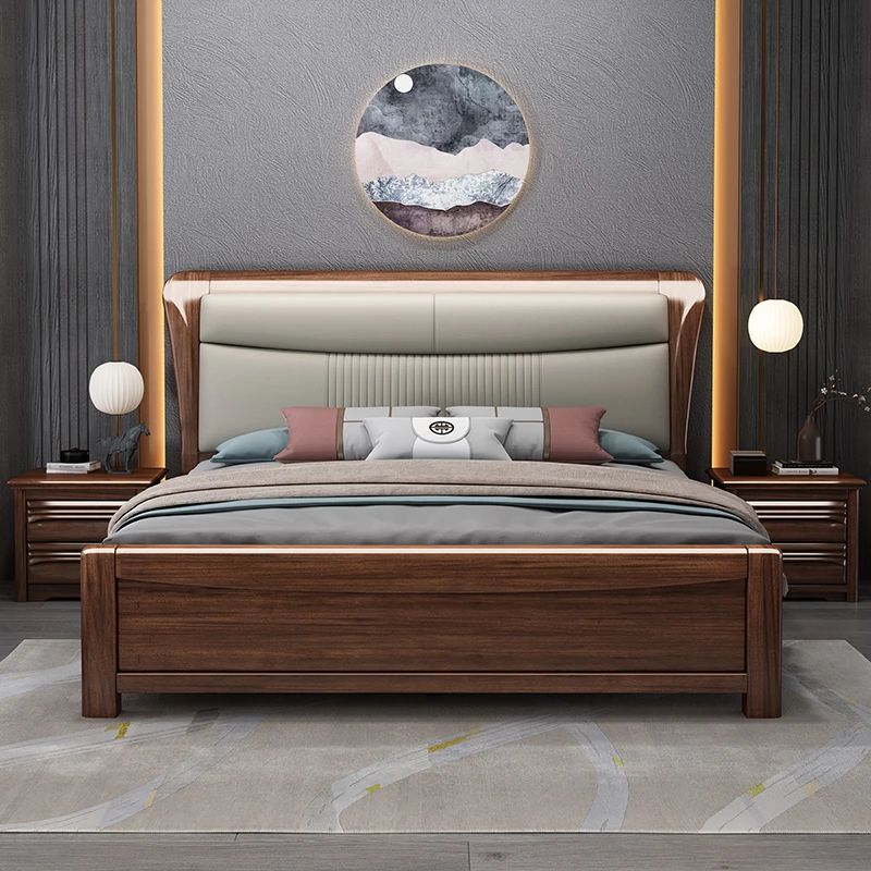 实木床胡桃木现代简约中式主卧带真皮软包双人床高箱婚床新中式