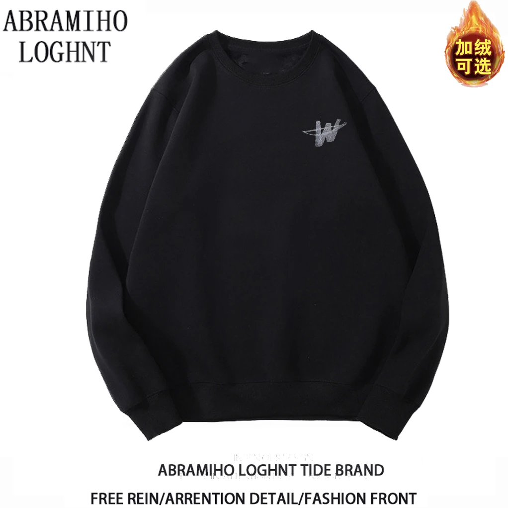秋冬新款W字母圆领加绒卫衣男休闲欧美明星潮牌情侣百搭上衣宽松
