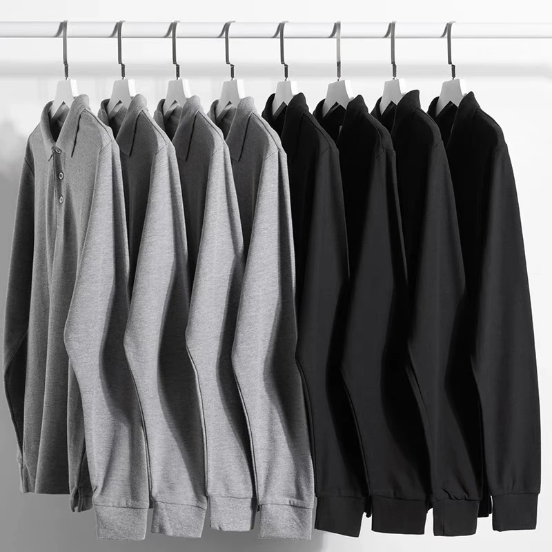 经典基础款!麻灰色230g重磅休闲长袖Polo衫宽松休闲男女百搭t恤