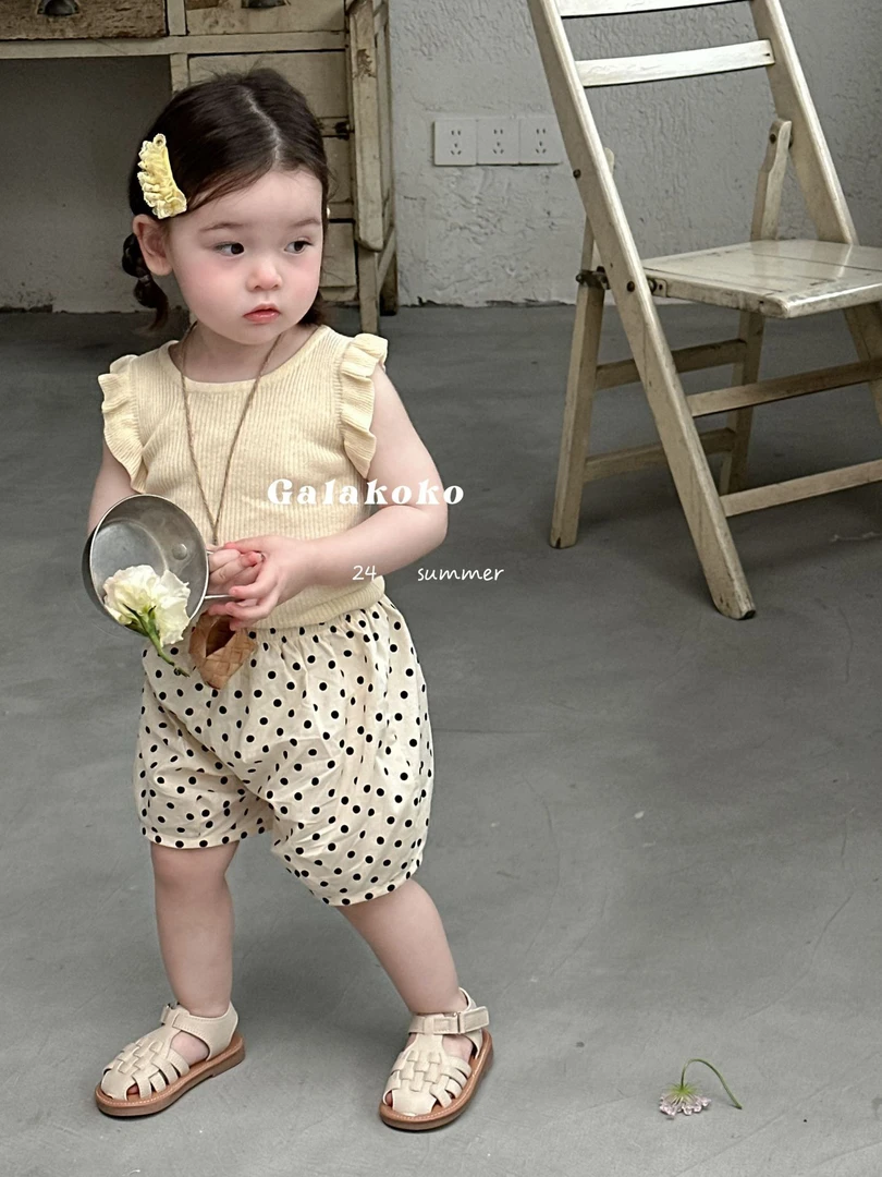 【Ponyo】洋气可爱两件套女宝宝夏季超萌飞袖针织上衣波点短裤套装
