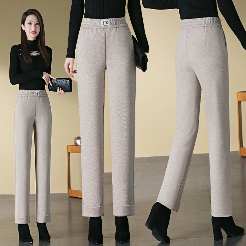 小个子杏色窄版阔腿裤高腰加厚直筒裤子女毛呢子裤女显瘦九分裤女