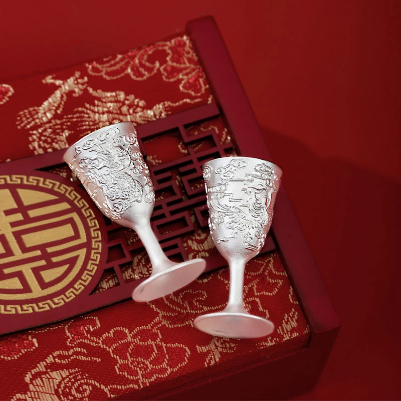 纯银999足银杯子龙凤呈祥结婚茶杯纯银对杯银酒杯送结婚新人礼物