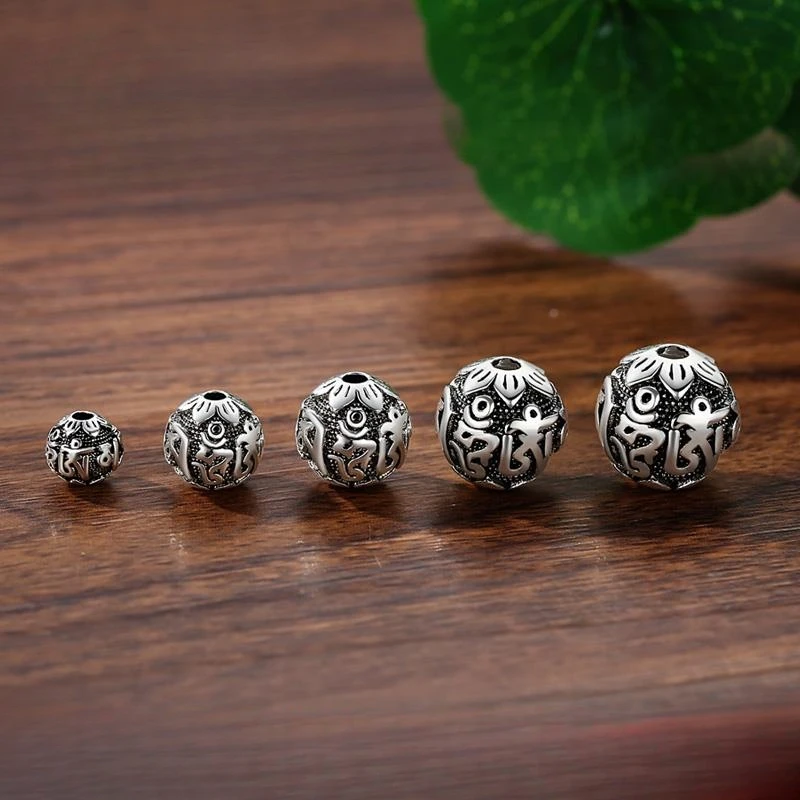 链子足银 999足银六字真言珠子佛珠散珠复古圆珠单珠手单吊坠银饰