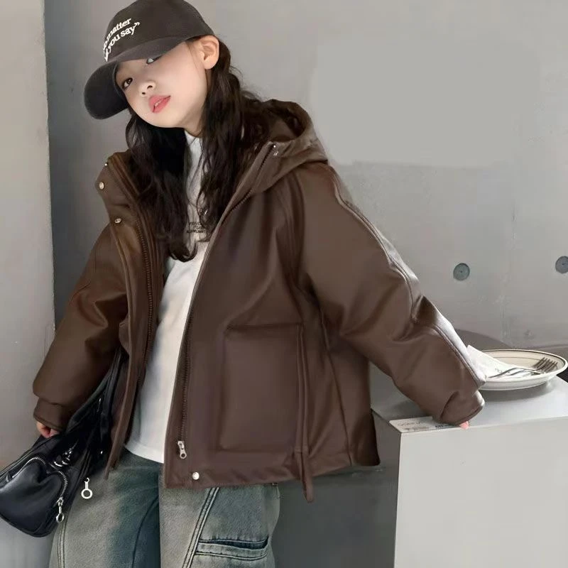 女童中大童皮衣棉袄2024新款洋气时髦外穿加绒保暖冬装棉衣外套潮