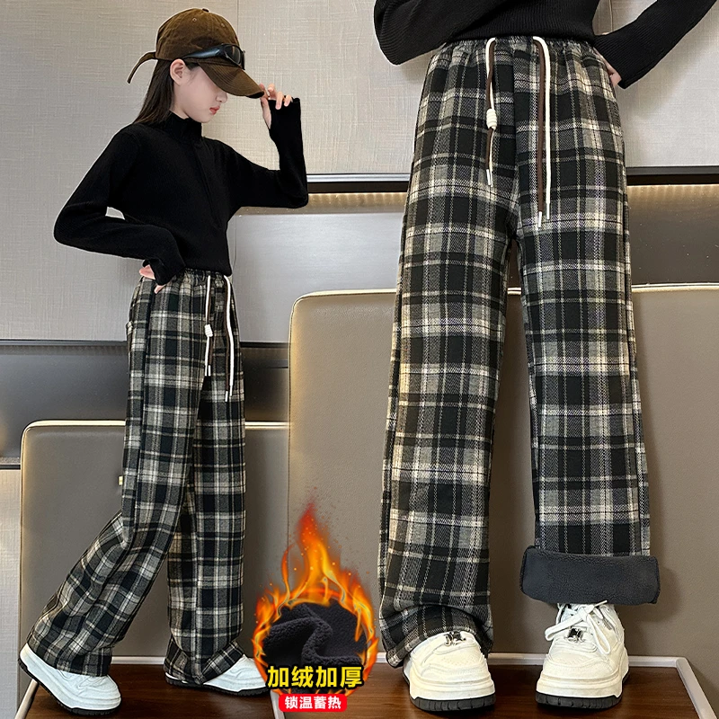 女童加绒裤子秋冬新款2024时髦中大童直筒裤冬季儿童阔腿裤一体绒