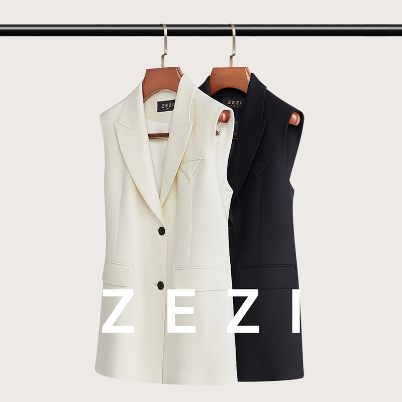 ZEZI时尚百搭斜纹羊毛系带西装马甲气质休闲马夹无袖通勤修身显瘦