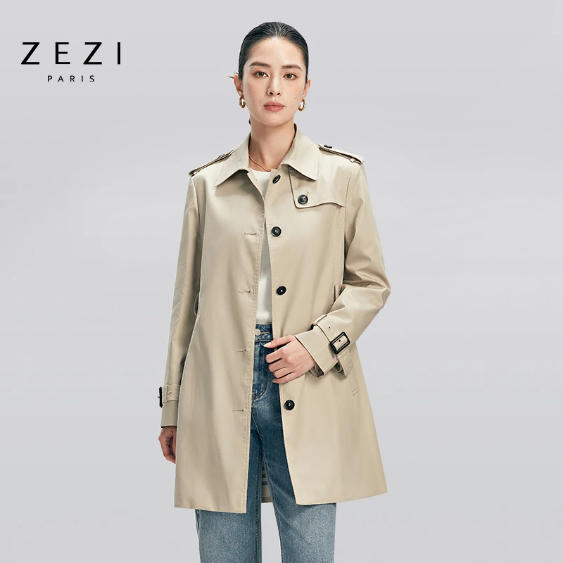 ZEZI春秋新款时尚休闲百搭简约中长款修身商务双排扣格纹女款风衣